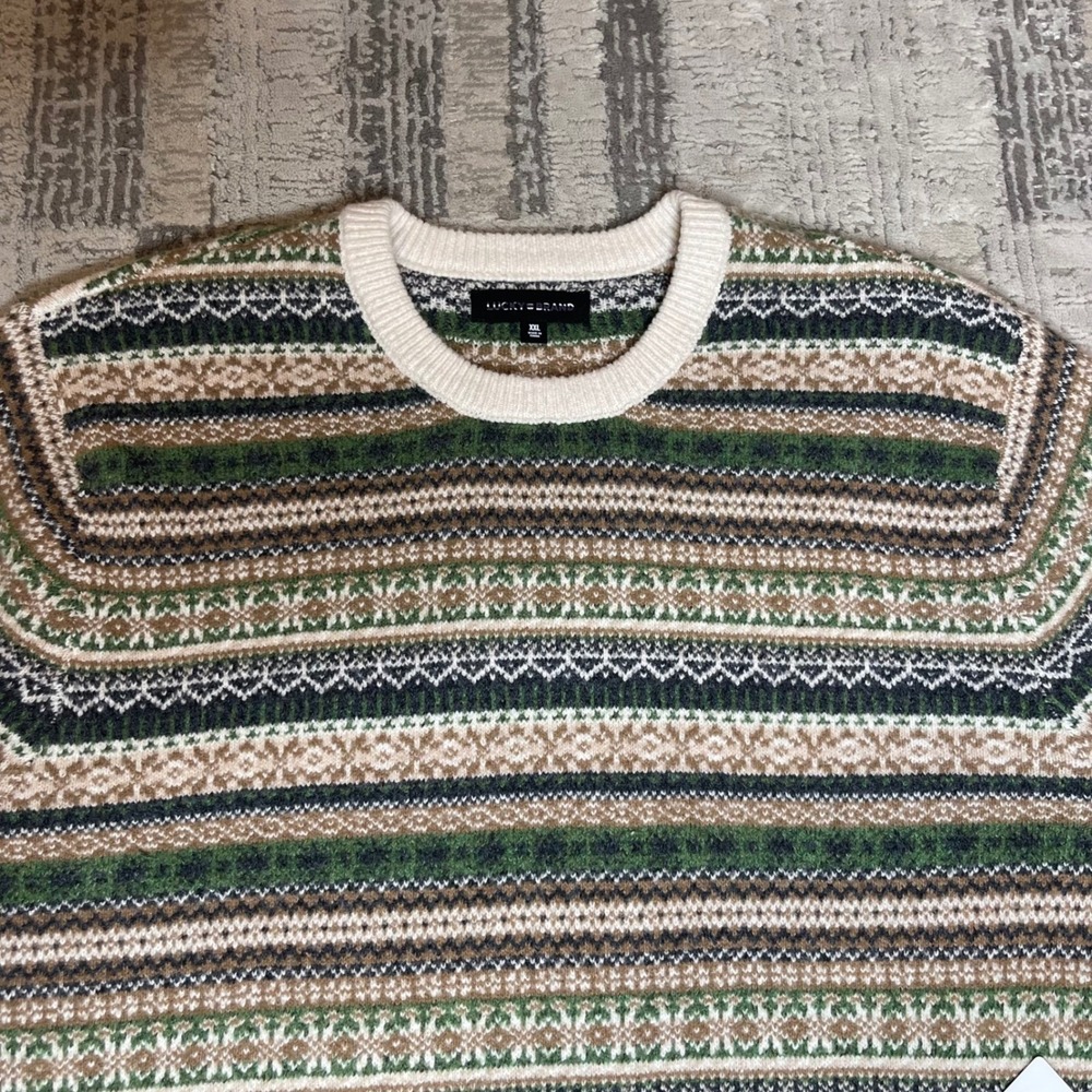 NEW Lucky Brand Mens Fair Isle Crewneck Sweater Green Brown Striped Springs XXL - Picture 4 of 11